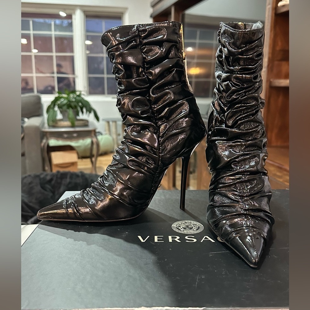 NIB Versace Safety Pin Ruched Ankle Booties Heels Black 37.5